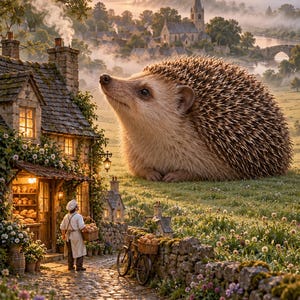 Hedgehog Art Print | Cozy Village Bakery Fantasy Wall Decor immagine 1
