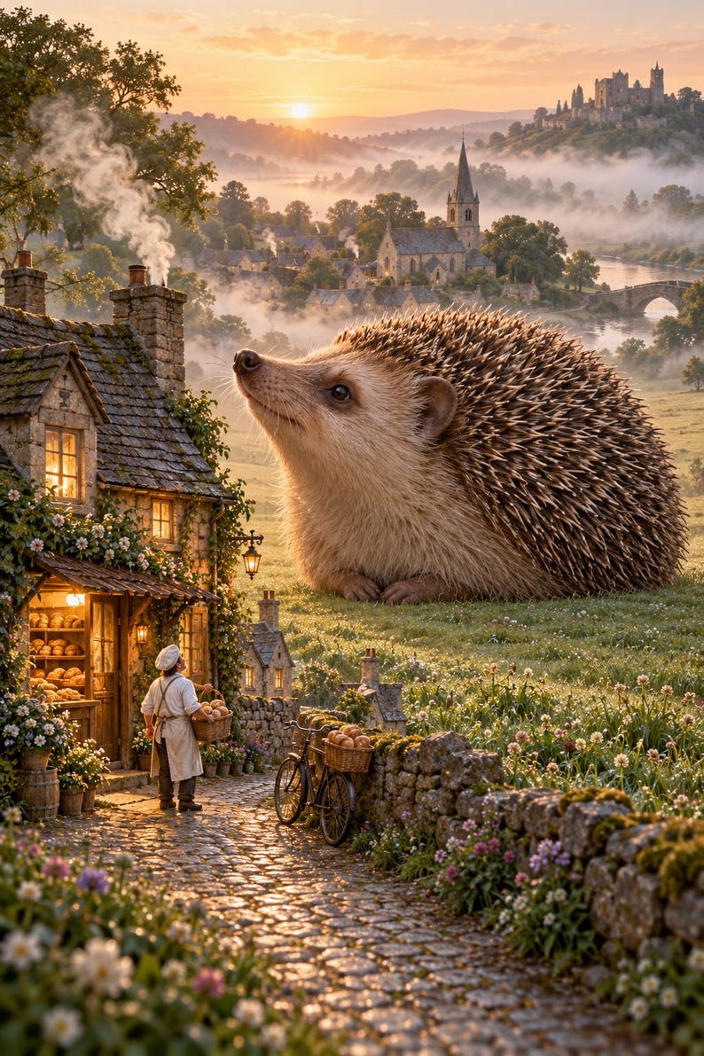 Hedgehog Art Print | Cozy Village Bakery Fantasy Wall Decor immagine 1