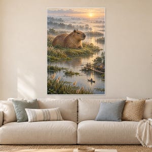 Impressão artística de capivara | Decoração de parede fantástica de uma aldeia pantanosa e pacífica imagem 1