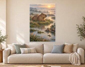 Capybara kunstprint | Vreedzaam moerasdorp fantasie muurdecoratie