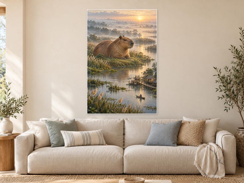 Impressão artística de capivara | Decoração de parede fantástica de uma aldeia pantanosa e pacífica imagem 1