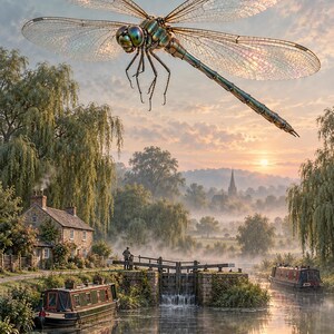 Dragonfly Art Print | Misty Canal Fantasy Wall Decor immagine 1