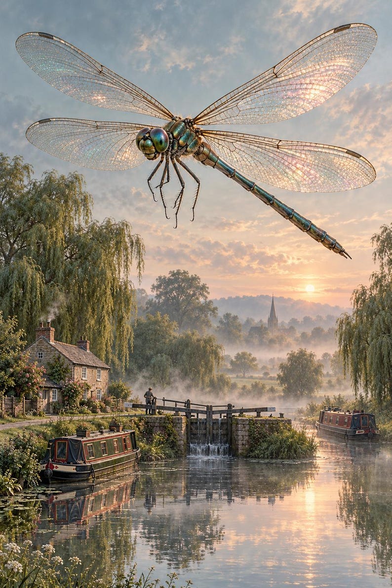 Dragonfly Art Print | Misty Canal Fantasy Wall Decor immagine 1