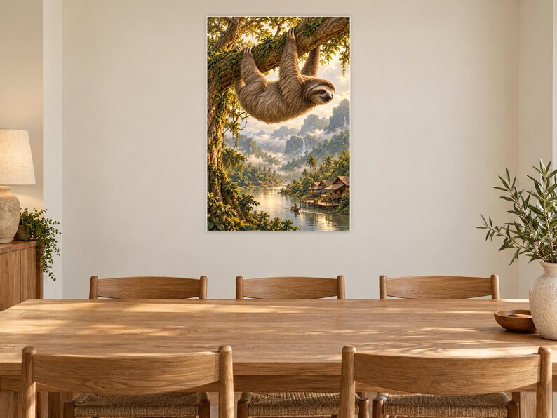 Sloth Art Print | Tropical River Village Fantasy Wall Decor image 8