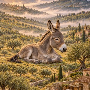 Donkey Art Print | Olive Grove Village Fantasy Wall Decor image 1