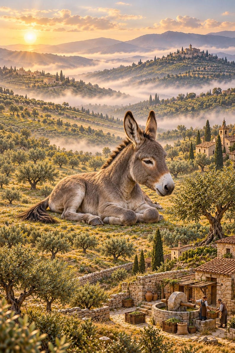 Donkey Art Print | Olive Grove Village Fantasy Wall Decor image 1
