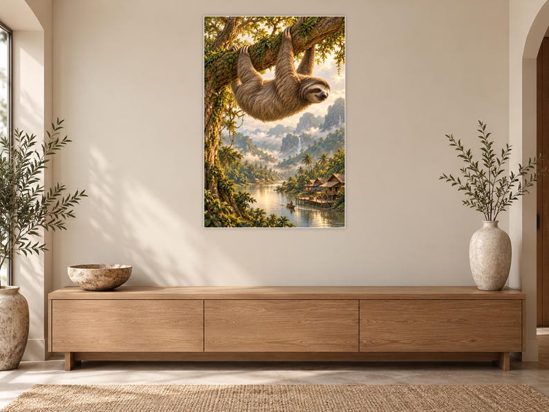 Sloth Art Print | Tropical River Village Fantasy Wall Decor image 12