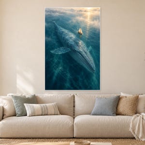 Pode incluir: Uma grande impress&atilde;o de arte de parede vertical apresentando uma baleia azul maci&ccedil;a nadando atrav&eacute;s de &aacute;guas oce&acirc;nicas profundas perto de um pequeno veleiro. A cena &eacute; iluminada por uma luz dourada suave de p&ocirc;r do sol.