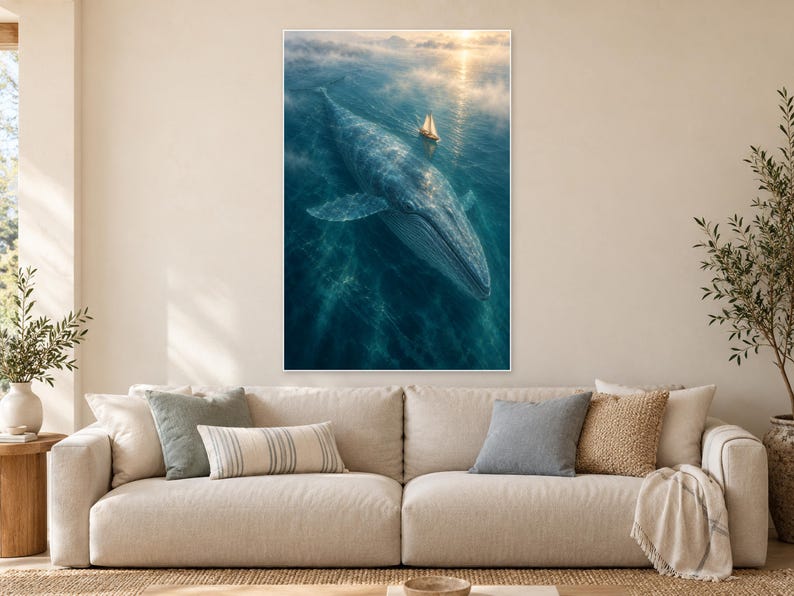 Pode incluir: Uma grande impress&atilde;o de arte de parede vertical apresentando uma baleia azul maci&ccedil;a nadando atrav&eacute;s de &aacute;guas oce&acirc;nicas profundas perto de um pequeno veleiro. A cena &eacute; iluminada por uma luz dourada suave de p&ocirc;r do sol.