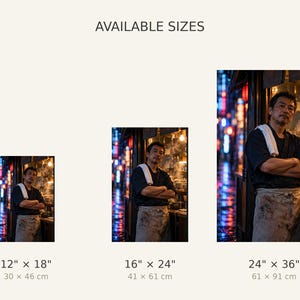 May include: A photographic print showing a chef standing in a kitchen with the text AVAILABLE SIZES and dimensions 30 x 46 cm, 41 x 61 cm, and 61 x 91 cm listed below three variations of the image, each with corresponding imperial measurements.