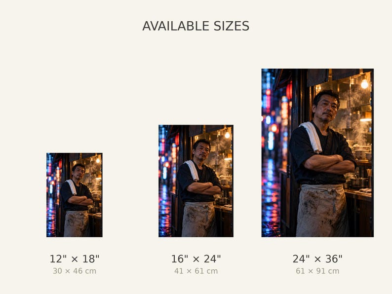 May include: A photographic print showing a chef standing in a kitchen with the text AVAILABLE SIZES and dimensions 30 x 46 cm, 41 x 61 cm, and 61 x 91 cm listed below three variations of the image, each with corresponding imperial measurements.