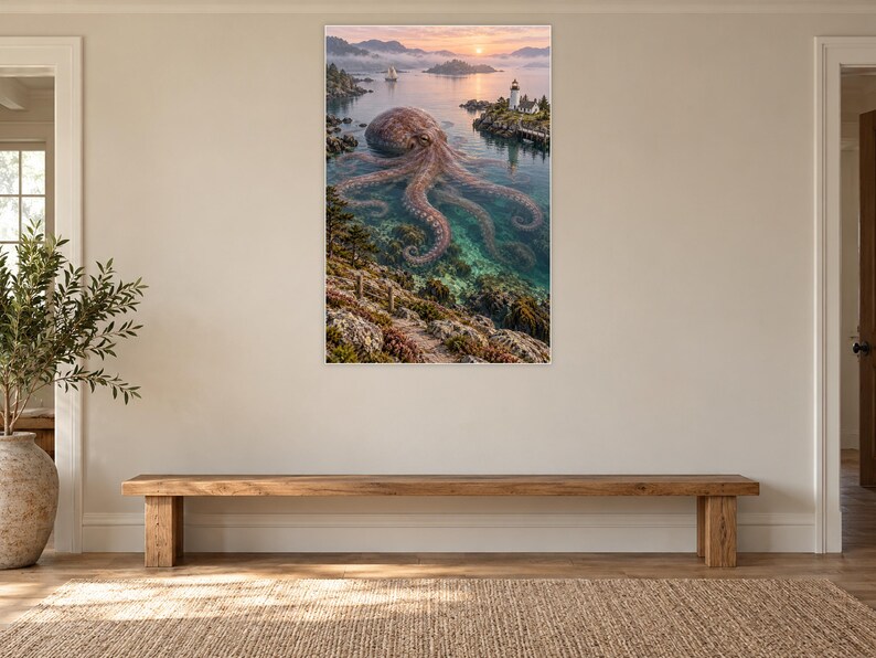 Octopus Art Print | Coastal Lighthouse Fantasy Wall Decor image 13