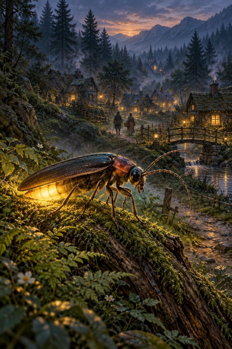Firefly Art Print | Glowing Woodland Village Fantasy Wall Decor image 1