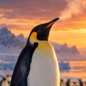K&ouml;nnte beinhalten: Ein Kaiserpinguin mit schwarz-wei&szlig;em Gefieder und einem gelben Halsfleck steht vor einem Sonnenuntergangshimmel. Ein sichtbarer Atemhauch entweicht seinem Schnabel. Im Hintergrund sind schneebedeckte Berge und Eisformationen zu sehen.