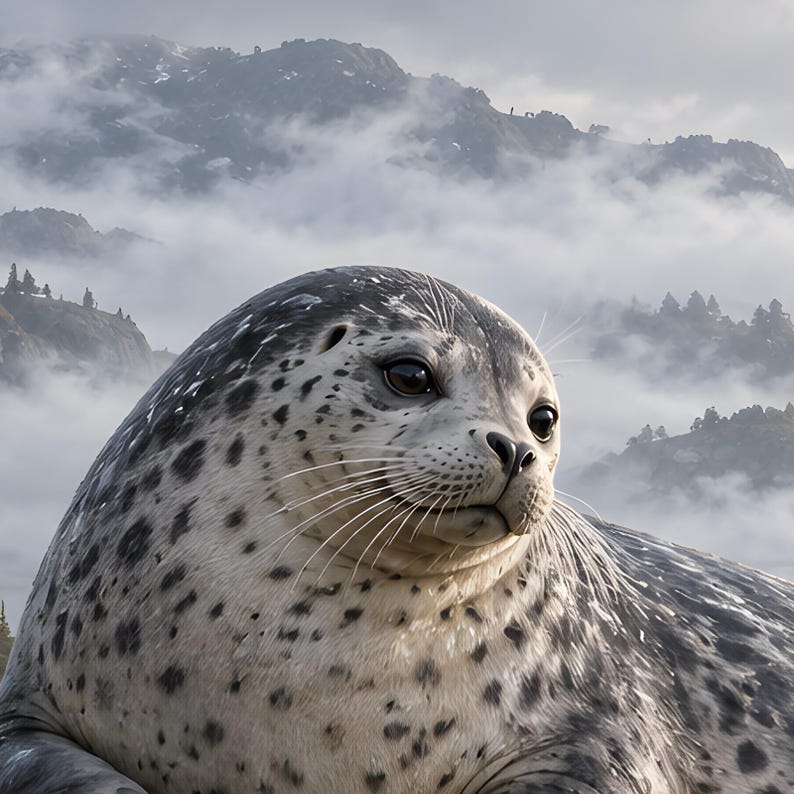 May include: A harbor seal with a light gray coat covered in dark, irregular spots. The seal has large, dark, expressive eyes, a rounded snout, and long, thin white whiskers extending from its muzzle, set against a misty mountain backdrop.
