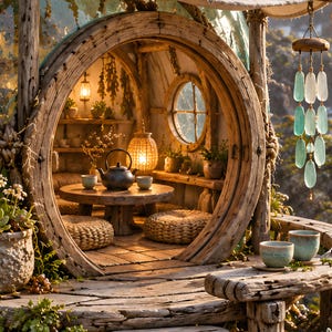 May include: A circular wooden structure featuring a tea set with a black teapot and two cups on a low table, surrounded by woven floor cushions. A wind chime with light blue and white glass pieces hangs to the right of the arched entrance.