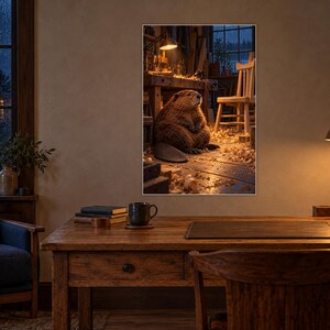 May include: A framed wall art print depicting a brown beaver sitting on a wooden floor in a workshop filled with wood shavings, a workbench, and a chair, illuminated by a warm lamp light in a cozy, dimly lit room setting.