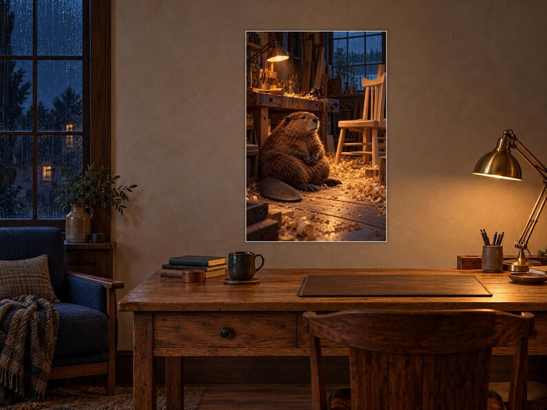 May include: A framed wall art print depicting a brown beaver sitting on a wooden floor in a workshop filled with wood shavings, a workbench, and a chair, illuminated by a warm lamp light in a cozy, dimly lit room setting.