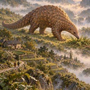 Pangolin Art Print | Terraced Village Fantasy Wall Decor Bild 1