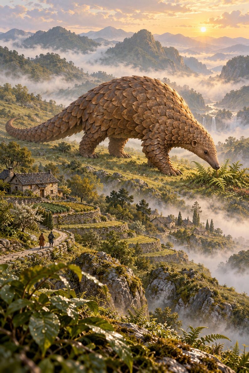 Pangolin Art Print | Terraced Village Fantasy Wall Decor Bild 1