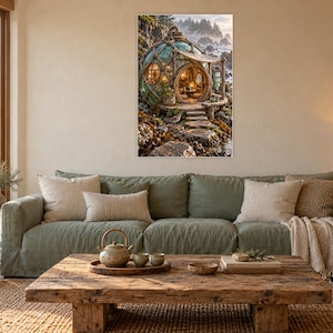 May include: A rectangular wall art print featuring a spherical glass dwelling nestled among rocky coastal cliffs. The structure has a circular entrance, warm interior lighting, and is surrounded by mossy stones and ocean waves in the background.
