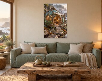 Kunstprint van een theehuis met zeeglas | Muurdecoratie in kustcottage-stijl