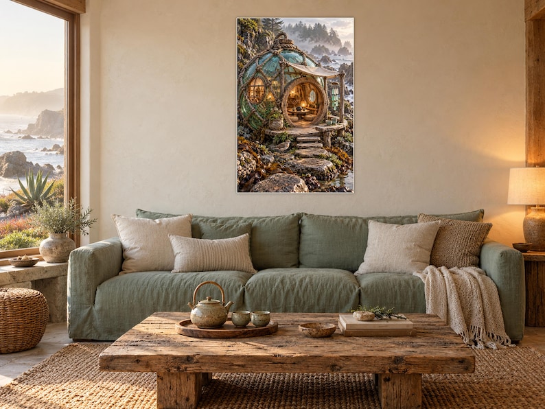 May include: A rectangular wall art print featuring a spherical glass dwelling nestled among rocky coastal cliffs. The structure has a circular entrance, warm interior lighting, and is surrounded by mossy stones and ocean waves in the background.