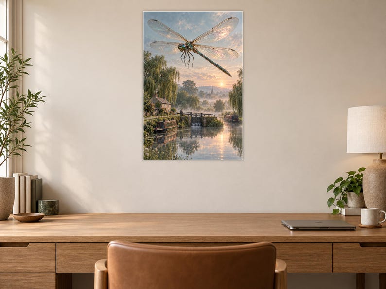 Dragonfly Art Print | Misty Canal Fantasy Wall Decor immagine 6
