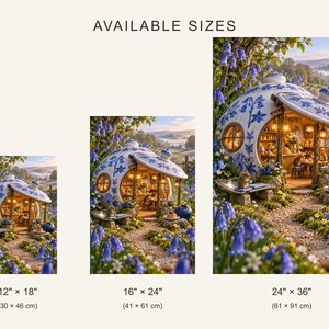 May include: Three prints of a teapot-shaped house in a blue and white floral pattern, surrounded by bluebells and a gravel path. The sizes listed are 30 cm by 46 cm, 41 cm by 61 cm, and 61 cm by 91 cm, with text reading AVAILABLE SIZES.