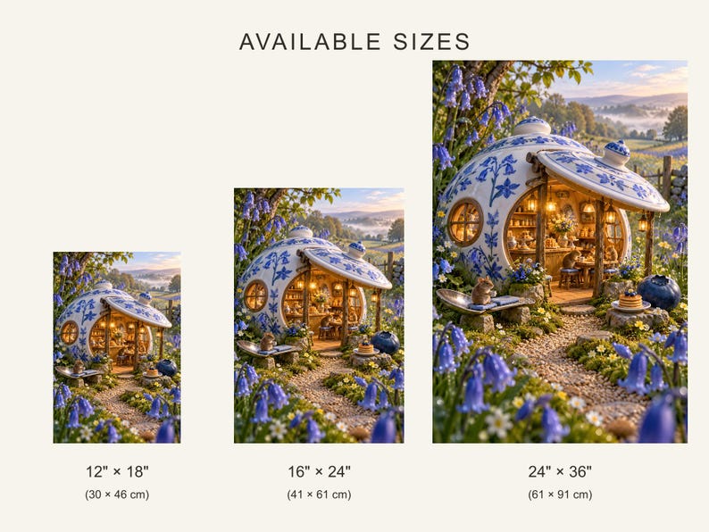 May include: Three prints of a teapot-shaped house in a blue and white floral pattern, surrounded by bluebells and a gravel path. The sizes listed are 30 cm by 46 cm, 41 cm by 61 cm, and 61 cm by 91 cm, with text reading AVAILABLE SIZES.