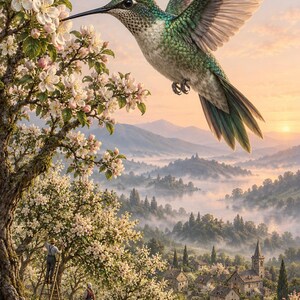 Hummingbird Art Print | Blossom Orchard Fantasy Wall Decor imagen 1