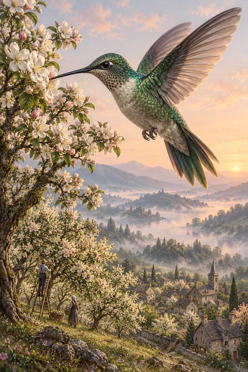 Hummingbird Art Print | Blossom Orchard Fantasy Wall Decor imagen 1