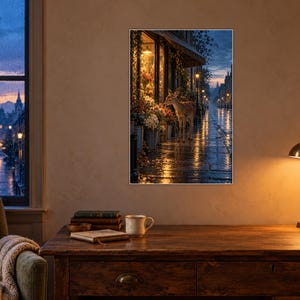 Stampa artistica "Negozio di fiori con cervi" / Decorazione murale "Città all'alba piovosa" immagine 2