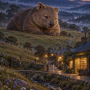 Wombat Art Print | Cozy Bookshop Village Fantasy Wall Decor imagen 1