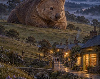 Wombat Art Print | Cozy Bookshop Village Fantasy Wall Decor