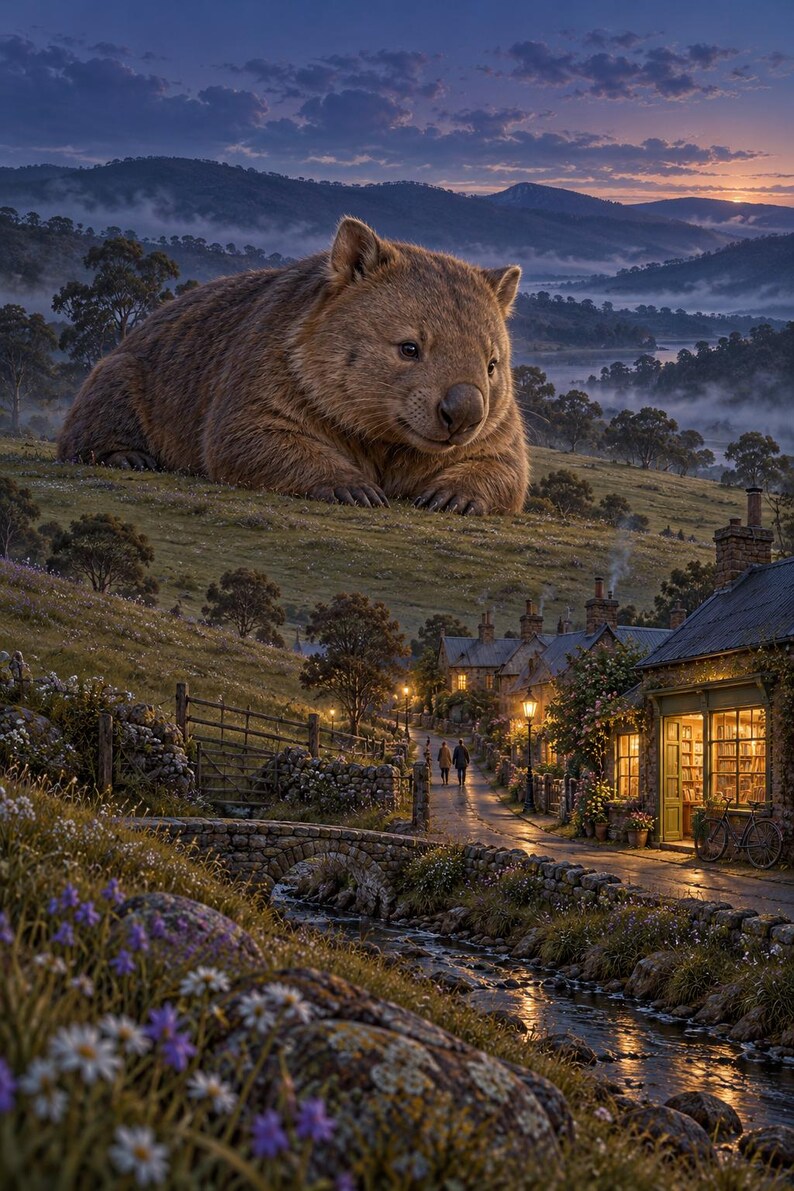 Wombat Art Print | Cozy Bookshop Village Fantasy Wall Decor imagen 1