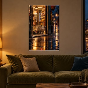 Peut inclure: Une impression d'art mural encadr&eacute;e repr&eacute;sentant un opossum gris et blanc debout dans l'encadrement d'une boutique illumin&eacute;e la nuit. Le trottoir mouill&eacute; refl&egrave;te la lueur dor&eacute;e des lumi&egrave;res du magasin sur une rue sombre et pluvieuse.