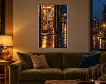 Opossum Corner Store Art Print | Rainy Night City Wall Decor