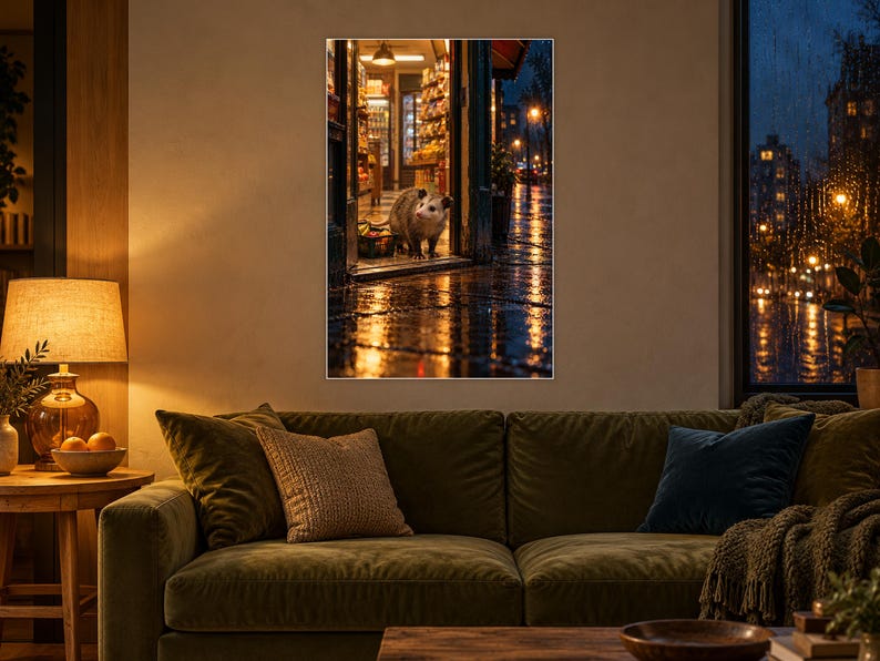 Peut inclure: Une impression d'art mural encadr&eacute;e repr&eacute;sentant un opossum gris et blanc debout dans l'encadrement d'une boutique illumin&eacute;e la nuit. Le trottoir mouill&eacute; refl&egrave;te la lueur dor&eacute;e des lumi&egrave;res du magasin sur une rue sombre et pluvieuse.