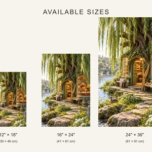 Puede incluir: Tres impresiones verticales que muestran una tienda en un &aacute;rbol junto a un r&iacute;o, etiquetadas como AVAILABLE SIZES con dimensiones de 30 x 46 cm, 41 x 61 cm y 61 x 91 cm. La escena incluye un sauce, un camino y luz c&aacute;lida.