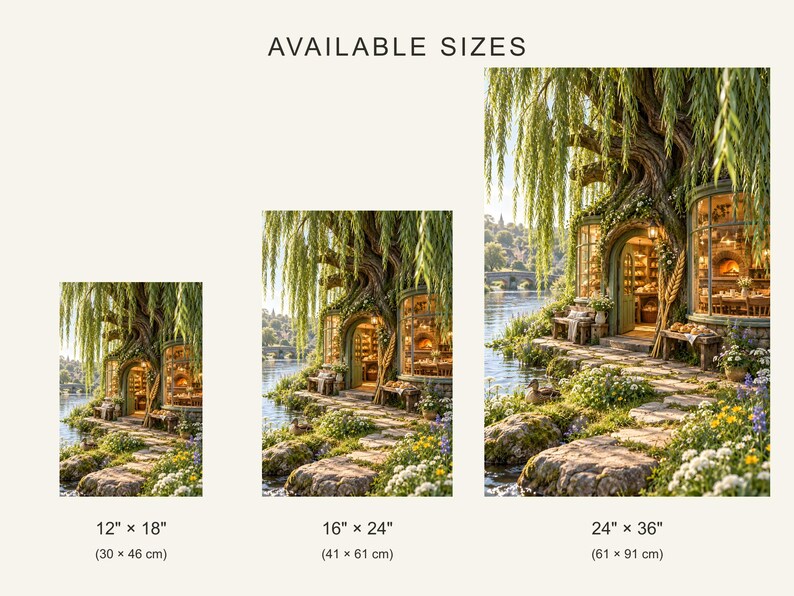 Puede incluir: Tres impresiones verticales que muestran una tienda en un &aacute;rbol junto a un r&iacute;o, etiquetadas como AVAILABLE SIZES con dimensiones de 30 x 46 cm, 41 x 61 cm y 61 x 91 cm. La escena incluye un sauce, un camino y luz c&aacute;lida.