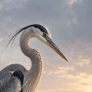 Op de afbeelding: Een grote blauwe reiger met grijs en wit verenkleed, een lange S-vormige hals en een scherpe, gele snavel. De vogel heeft een zwarte kuif die vanaf het oog loopt, tegen een zachte, bewolkte lucht bij zonsondergang.