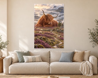 Highland Cow Art Print | Heather Meadow Fantasy Wall Decor