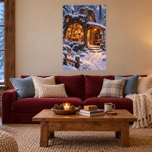 Snowy Woodland Gathering Room Art Print | Cozy Winter Cabin Decor image 1