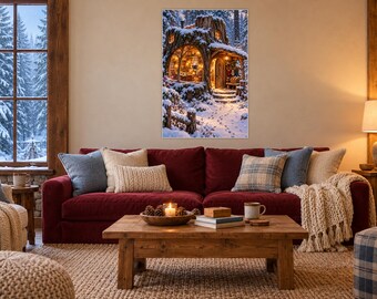 Snowy Woodland Gathering Room Art Print | Cozy Winter Cabin Decor