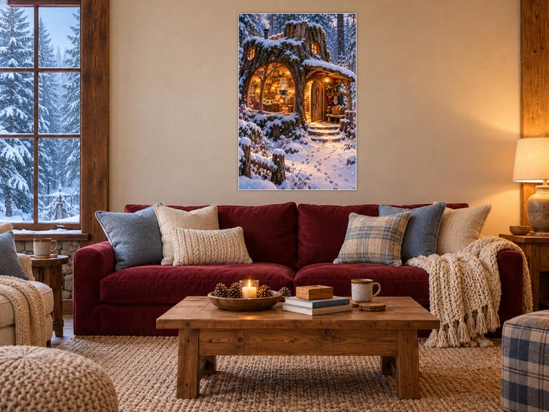 Snowy Woodland Gathering Room Art Print | Cozy Winter Cabin Decor image 1