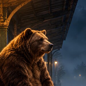 Bear Train Station Art Print | Misty Night Railway Wall Decor image 3