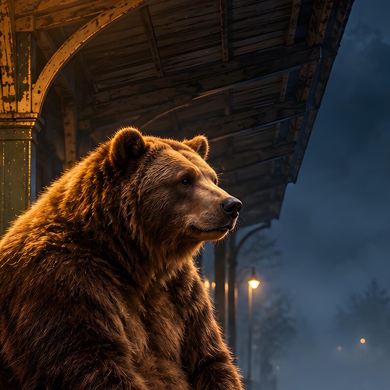 Bear Train Station Art Print | Misty Night Railway Wall Decor image 3