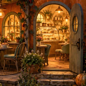 Pu&ograve; includere: Un'accogliente facciata di panetteria con porta ad arco in legno e gradini in pietra. All'interno, una vetrina in vetro espone pasticcini illuminati da luci a sospensione. Piante in vaso, sedie e tavoli in legno completano l'ambiente.