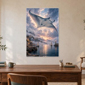 Flying Manta Ray Art Print | Dreamlike Coastal Harbour Wall Decor image 2